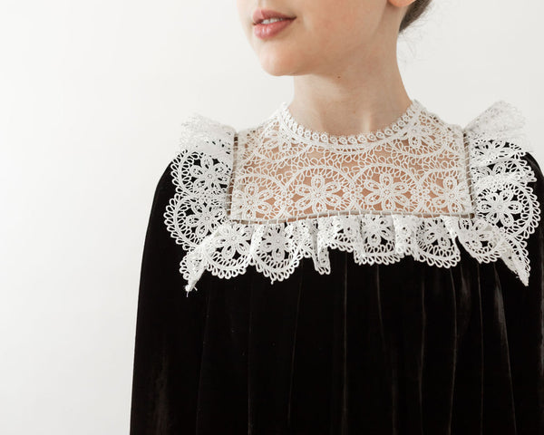 knee length dresses for ladies PETITE AMALIE BLACK/CREAM VELVET LACE TRIM DRESS – BellaKidsNY