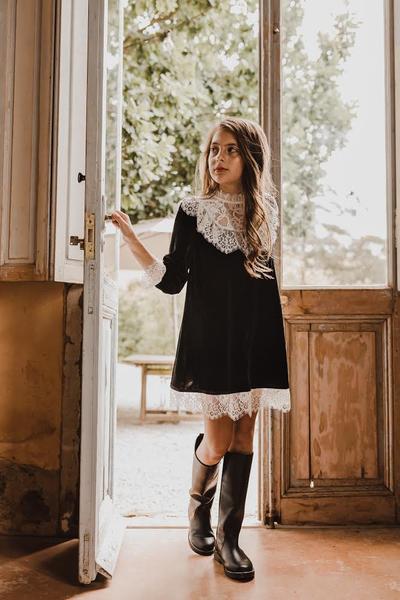PETITE AMALIE BLACK WITH CREAM VELVET DRESS PETITE AMALIE BLACK WITH CREAM VELVET DRESS