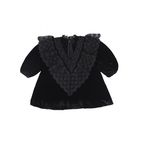 PETITE AMALIE BLACK VELOUR CROCHET TRIM DRESS – BellaKidsNY