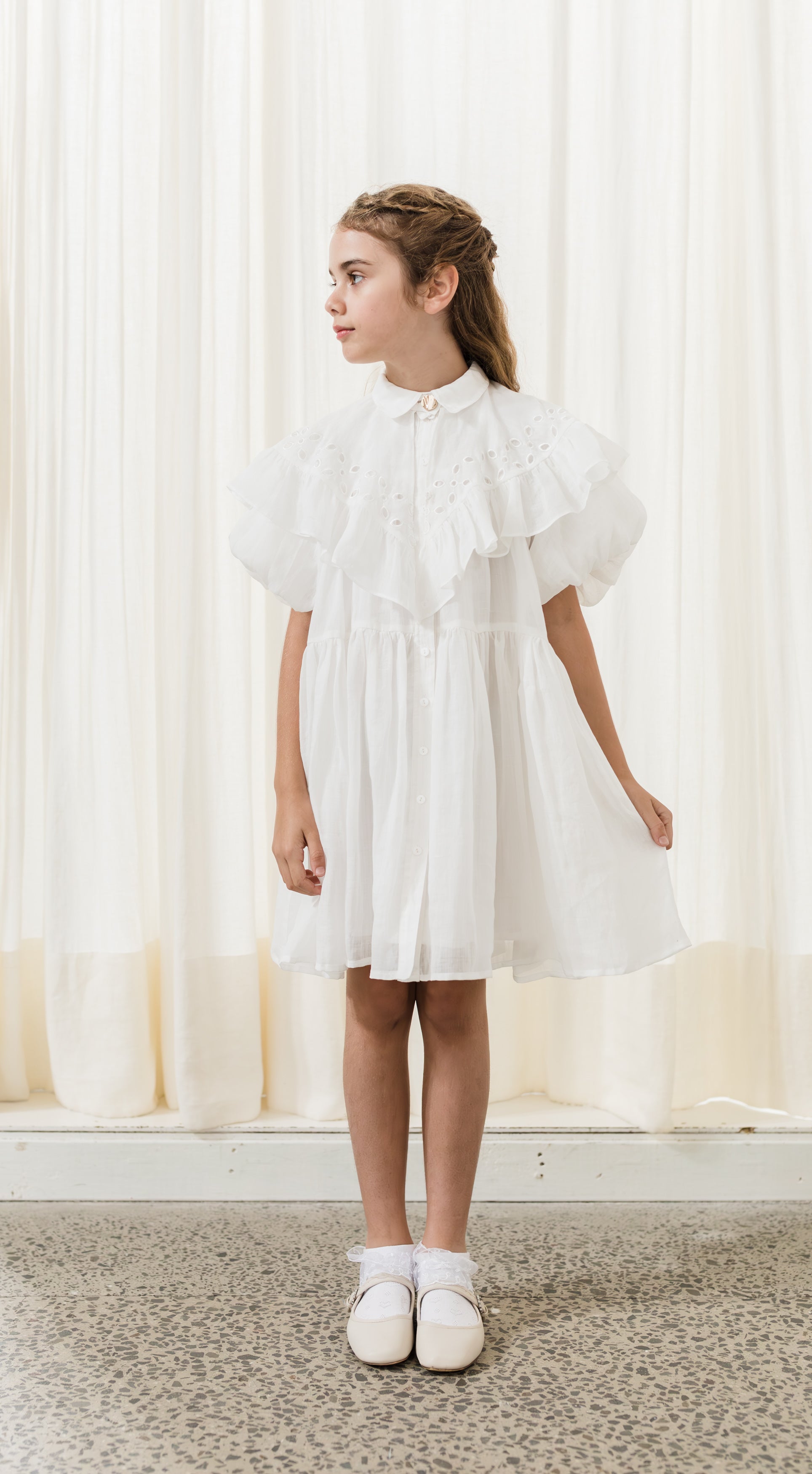 PETITE AMALIE OFF WHITE LINEN SHAWL COLLAR DRESS BellaKidsNY PETITE AMALIE OFF WHITE LINEN SHAWL COLLAR DRESS BellaKidsNY