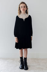 Petite Amalie Black/Cream Lace Yoke Velvet Dress