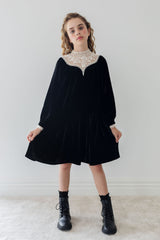 Petite Amalie Black/Cream Lace Yoke Velvet Dress