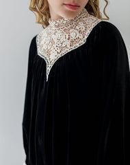 Petite Amalie Black/Cream Lace Yoke Velvet Dress