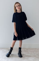 Petite Amalie Navy/Black Vertical Lace Velvet Dress