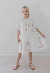 Petite Amalie White Cross Stitch Elbow Sleeve Dress