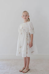 Petite Amalie White Cross Stitch Elbow Sleeve Dress