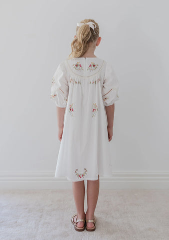 Petite Amalie White Cross Stitch Elbow Sleeve Dress
