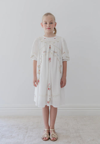 Petite Amalie White Cross Stitch Elbow Sleeve Dress