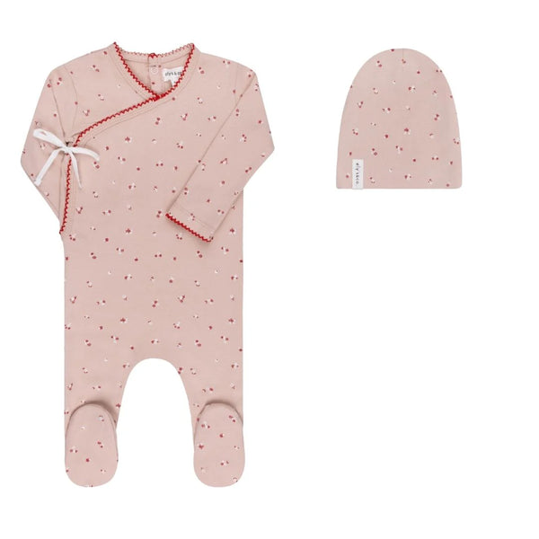 ELY'S AND CO PINK ORGANIC COTTON CLUSTER FLOWER & LEAF FOOTIE & BEANIE SET