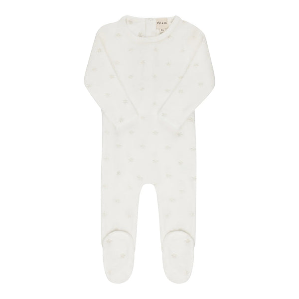 Velour Ivory Embroidered Floral Footie