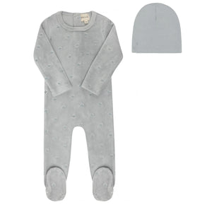 Velour Blue Embroidered Floral Footie & Hat Set