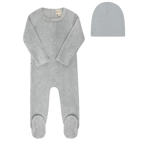 Velour Blue Embroidered Floral Footie & Hat Set