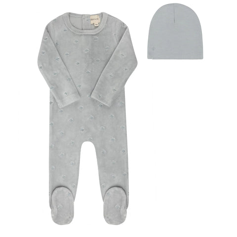Velour Blue Embroidered Floral Footie & Hat Set