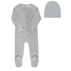 Velour Blue Embroidered Floral Footie & Hat Set