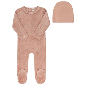 Velour Pink Embroidered Floral Footie & Hat Set