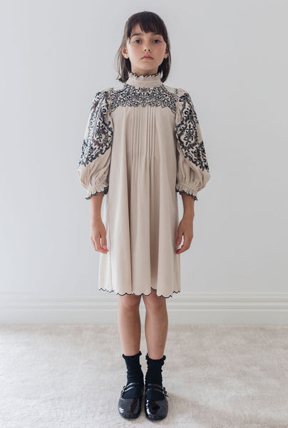 Petite Amalie Nougat/Black Embroidery Cord Cut Out Smock Dress