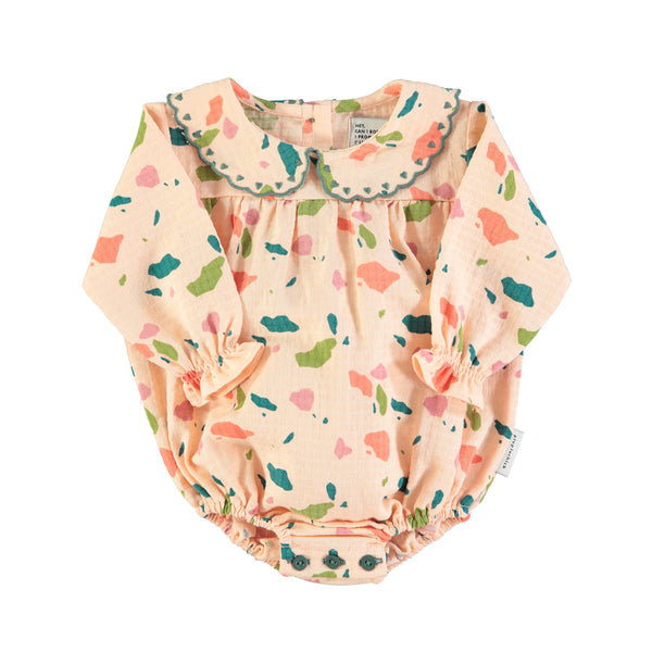 PIUPIUCHICK PINK W/ MULTICOLOR GEOMETRIC ALL OVER LONG SLEEVE ROMPER