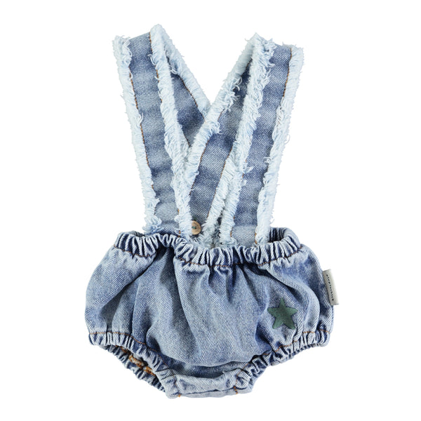 PIUPIUCHICK WASHED LIGHT BLUE DENIM BABY BLOOMERS WITH STRAPS