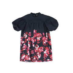 Christina Rohde Black/Hot Pink Flower Puff Sleeve Dress