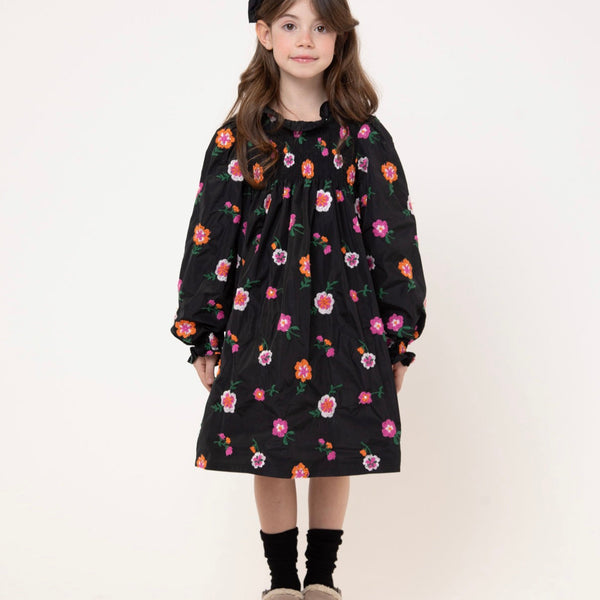 Piccola Ludo Black Flower Embroidered Girella Dress