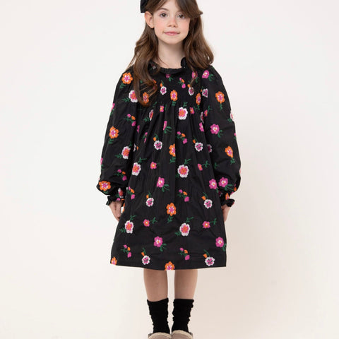 Piccola Ludo Black Flower Embroidered Girella Dress