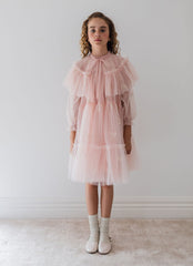 Petite Amalie Pink Embroidered Bow Tulle Cape Dress