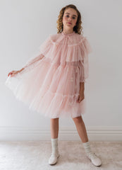 Petite Amalie Pink Embroidered Bow Tulle Cape Dress