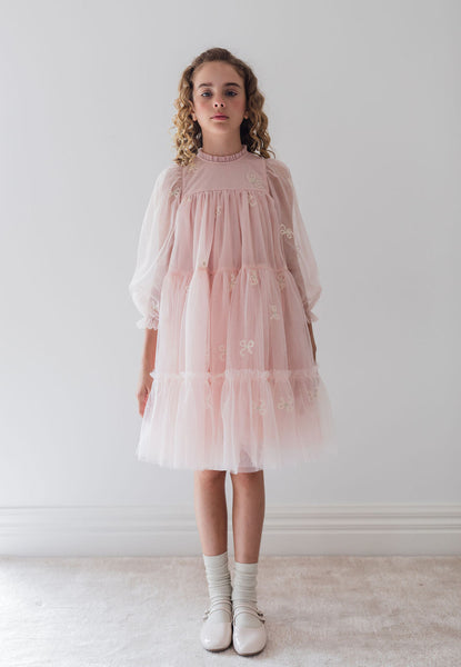 Petite Amalie Pink Embroidered Bow Tulle Cape Dress