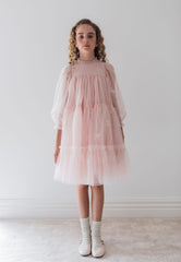 Petite Amalie Pink Embroidered Bow Tulle Cape Dress
