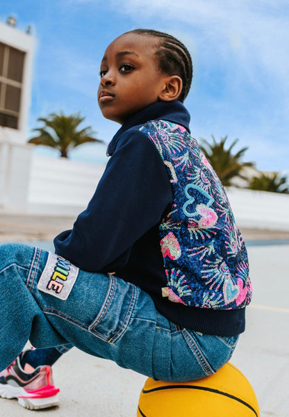 BILLIEBLUSH NAVY GRAPHIC BACK ZIP SWEATSHIRT