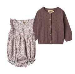 Wheat Lavender Iris Emmaline Romper & Plum Maia Knit Cardigan Set