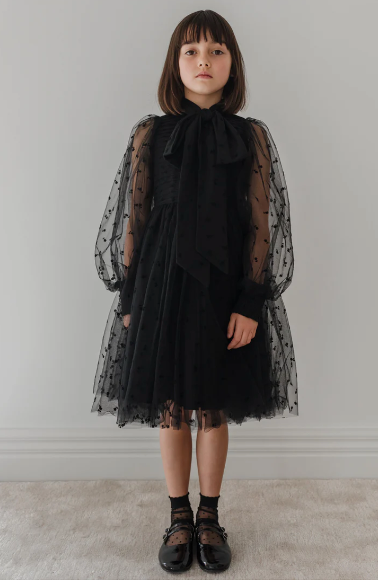 Petite Amalie Black Rose Flocked Mesh Bow Dress Petite Amalie Black Rose Flocked Mesh Bow Dress