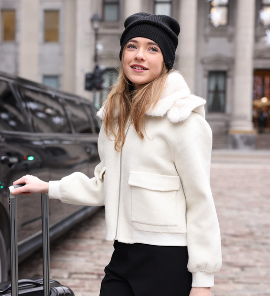 Mantel Off White Fur Trim Pocket Wool Bomber