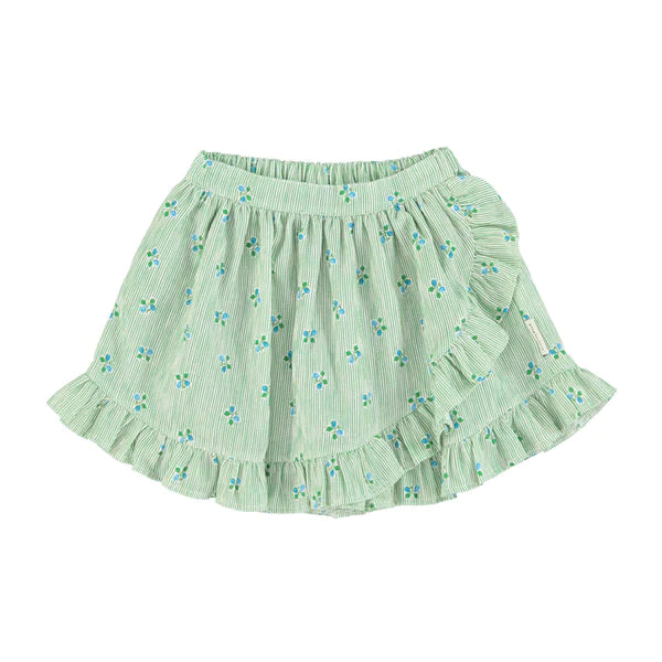 PIUPIUCHICK GREEN STRIPES W/ LITTLE FLOWERS SHORT SKIRT WITH RUFFLES