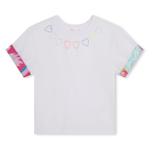 BILLIEBLUSH GIRLS SS TSHIRT WITH MULTICO HEARTS AROUND NECK