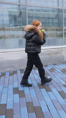 Mantel Black With Fuchsia Pink Gathered Contrast Piping Winter Jacket