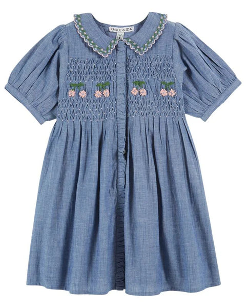 Emile & Ida Chambray Denim Smocked Dress