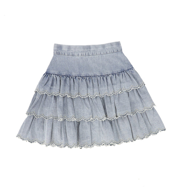 PETITE AMALIE LIGHT WASH CHAMBRAY EMBROIDERED LAYER SKIRT