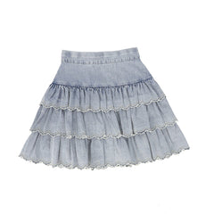 PETITE AMALIE LIGHT WASH CHAMBRAY EMBROIDERED LAYER SKIRT