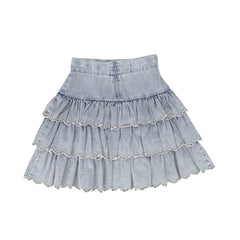 PETITE AMALIE LIGHT WASH CHAMBRAY EMBROIDERED LAYER SKIRT