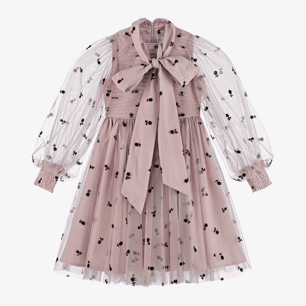 Petite Amalie Black/Mauve Rose Flocked Mesh Bow Dress Petite Amalie Black/Mauve Rose Flocked Mesh Bow Dress