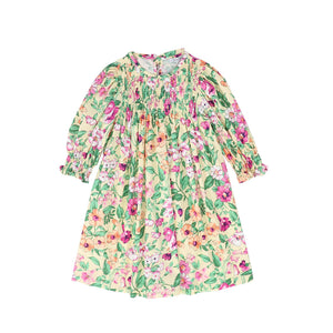 PICCOLA LUDO PEACH/GREEN FLORAL SMOCKED DRESS