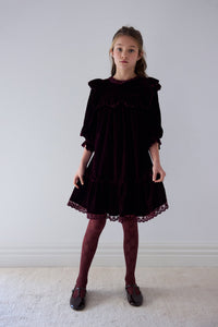 Petite Amalie Dark Cherry Lace Trim Velvet Dress