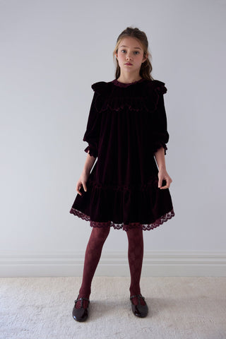Petite Amalie Dark Cherry Lace Trim Velvet Dress