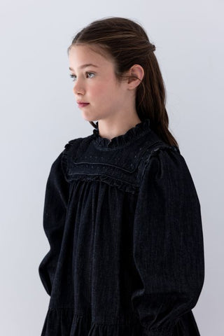 Steph Black Wash Chambray Frill Yoke Dress