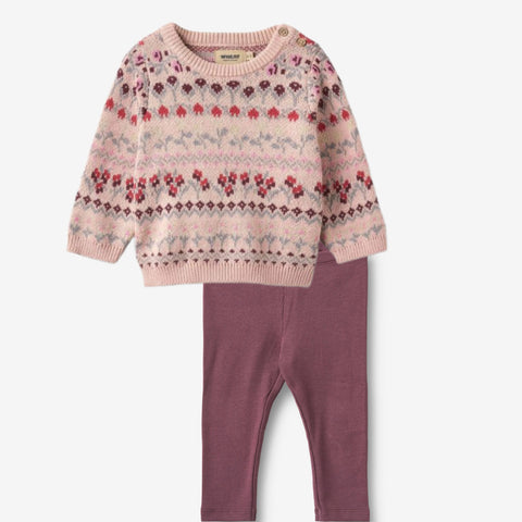 Wheat Dim Rose Jacquard Mikmak Knit Sweater & Jules Eggplant Leggins Set