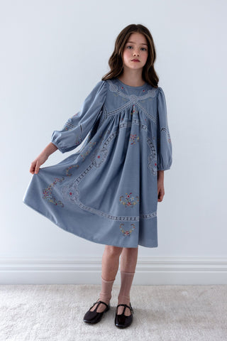 Petite Amalie Blue Cross Stitch Embroidered Cord Dress