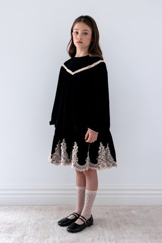 Petite Amalie Black/Cream Lace Hem Velvet Dress