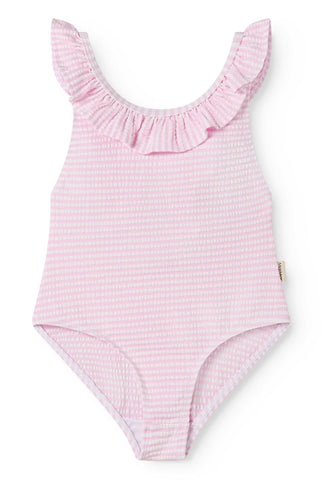 MARMAR COPENHAGEN PINK THIN STRIPE RUFFLE SWIMSUIT