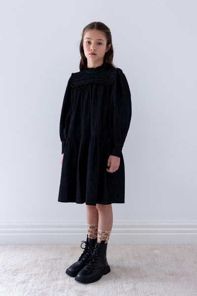 Steph Black Wash Chambray Frill Yoke Dress